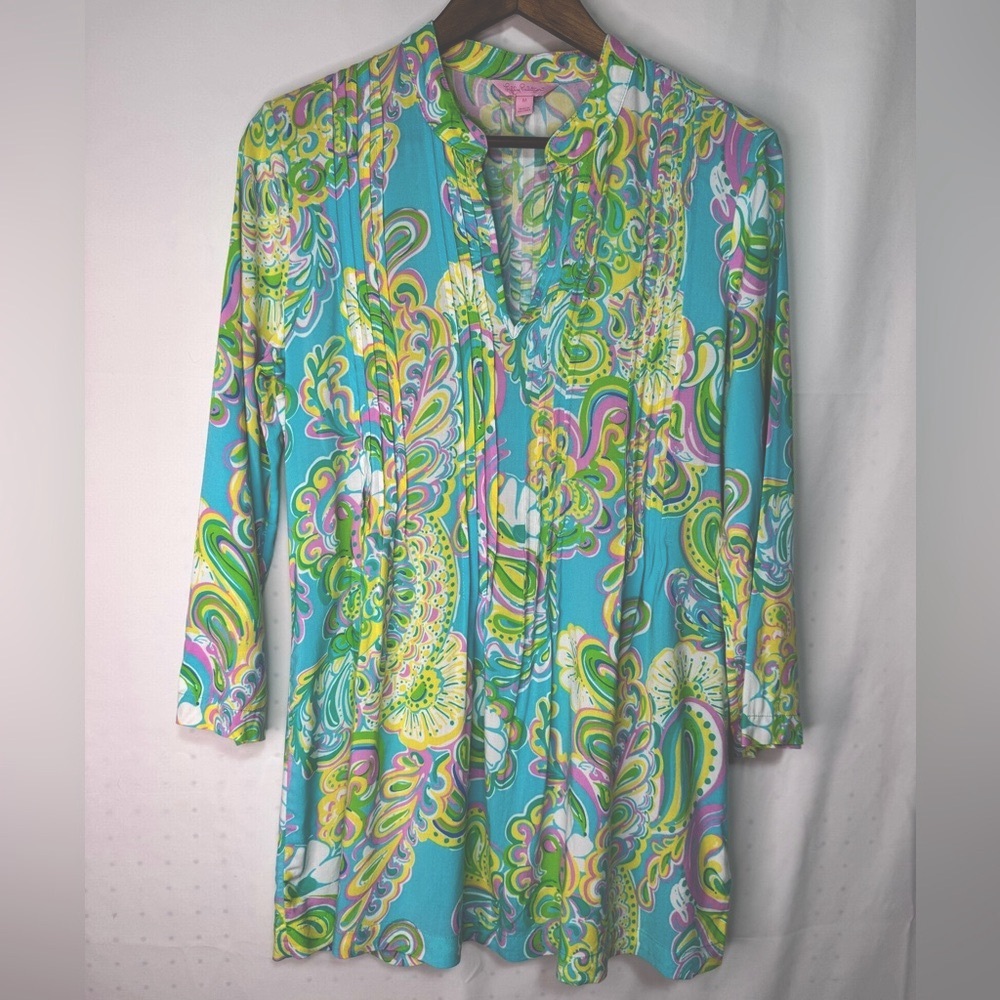 Lilly Pulitzer Blue Green Pleated Front Tunic with Mandarin Collar